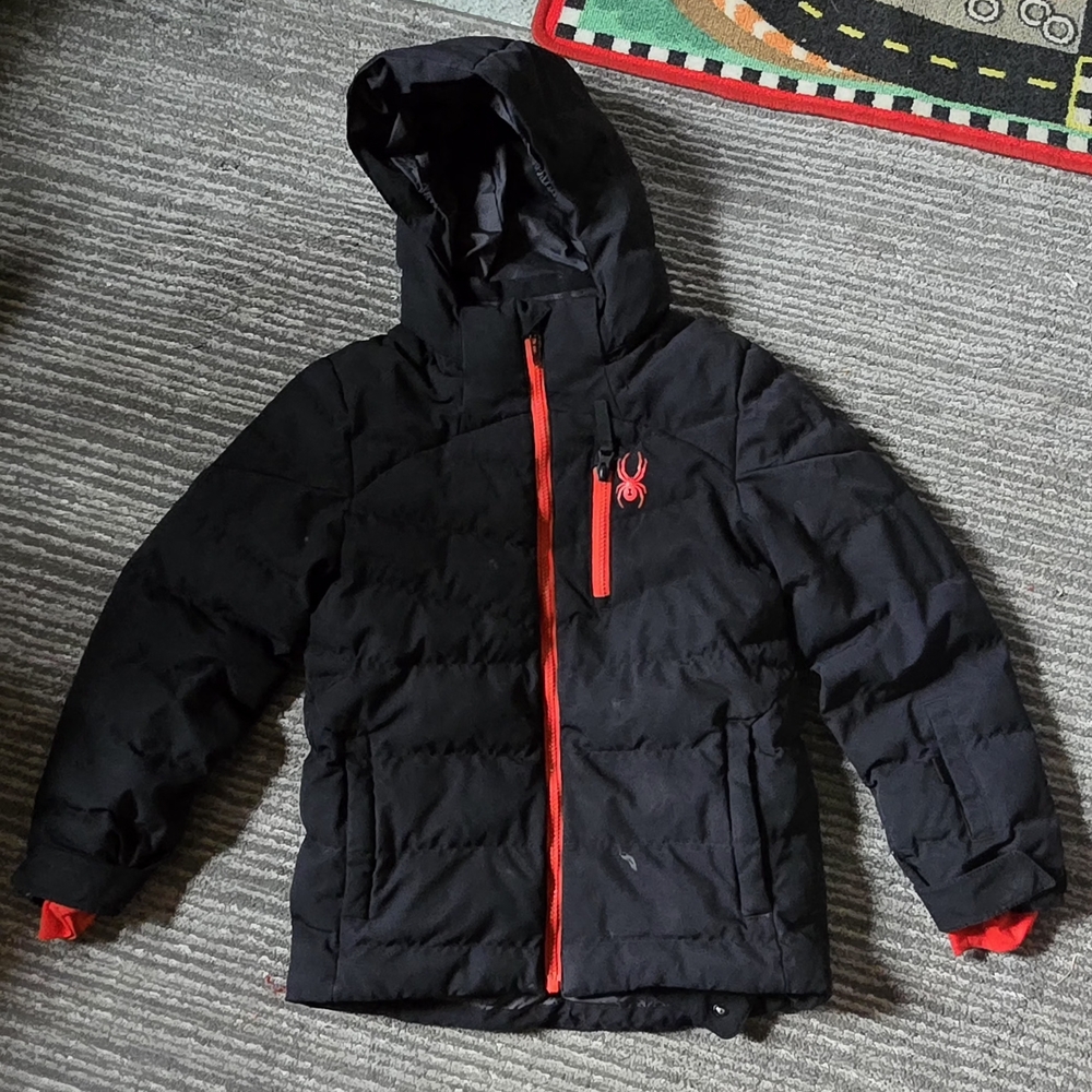 Spider Kids Black Hooded Ski Jacket with Red Zipper Size 10 Excellent Condition